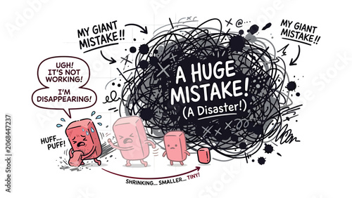 Obraz na płótnie Mistake Expressed: A visual metaphor depicting a colossal blunder as a chaotic scribble, with cartoon erasers struggling and disappearing