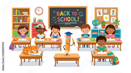 Quadro su tela Back to School Classroom Scene: A vibrant classroom filled with diverse children happily learning at their desks, with a friendly anthropomorphic pencil at the front and a sleeping cat on a desk