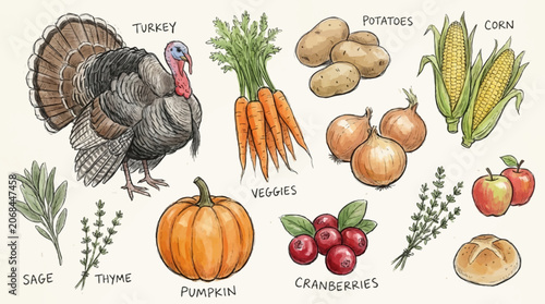 Canvas-taulu A colorful illustration of a turkey surrounded by various Thanksgiving foods including vegetables and fruits on a table