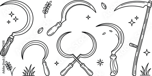 Foto Agriculture sickle and scythe vector outline illustration set with traditional f