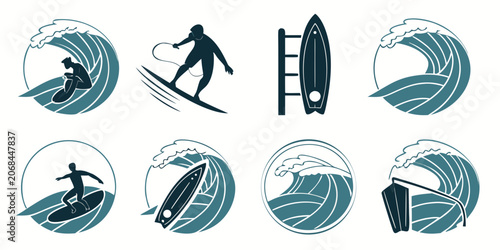 Photography Set of surfing and ocean wave icons in monochrome blue style with surfing board