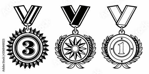 Fotografie Set of three championship medals featuring numbers and floral motifs competition