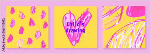 Tableau sur toile 子供が描いたようなピンクのハートと水玉のポップな落書きベクター素材セット