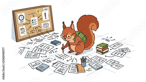 A Squirrel with a Backpack Working on Plans: A cute squirrel wearing glasses and a backpack is surrounded by papers and notes, working diligently on a plan displayed on a corkboard.