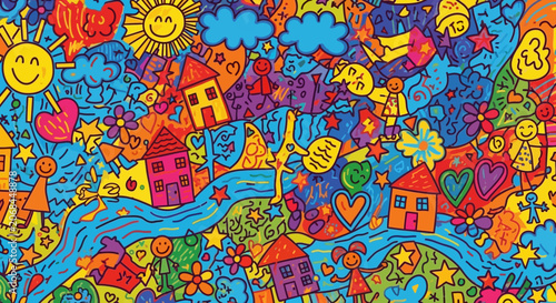 Colorful Children's Drawing of Happy Houses, People, and Nature