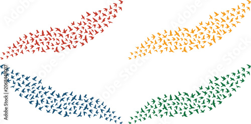 Schilderij op canvas Colorful flying birds vector illustration set, a vibrant flock of migrating bird