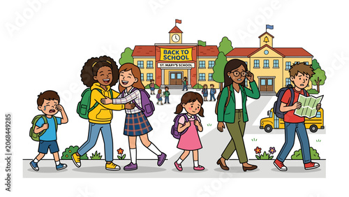 Foto Back to School Scene: A vibrant illustration depicts children and adults heading back to school, showcasing a bustling atmosphere with students, teachers