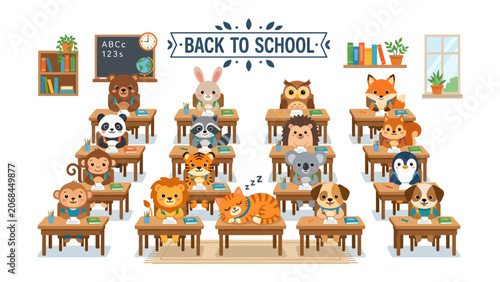 Photography Classroom Chaos: Adorable animal students fill a vibrant classroom, eagerly anticipating their 'Back to School' adventure, ready for learning and fun