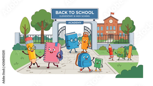 Φωτογραφία Back to School Characters: A cheerful group of anthropomorphic school supplies, including a book, pencil, backpack, and notebook, joyfully enter an academy gate with a banner reading Back to School