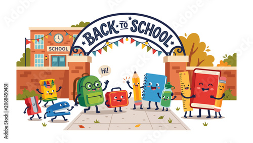 Photography Excited School Supplies Return: A cheerful cast of anthropomorphic school supplies, including a backpack, briefcase, pencil, and book, joyfully greet each other at the entrance of a school building