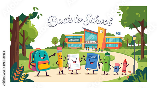 Tableau sur toile Back to School Characters: A cheerful ensemble of anthropomorphic school supplies, including a backpack, pencil, notebook, and textbook