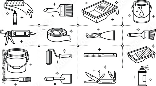 Bild auf Leinwand House painting tools paint roller bucket brush can and tray vector outline illus