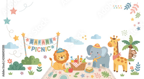 Photography An adorable safari-themed illustration shows a lion, elephant, and giraffe gathered around a picnic basket with a SAFARI PICNIC banner