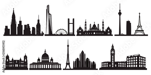 Canvastavla Collection of iconic international city skyline silhouettes with silhouette land