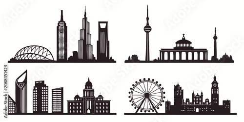 Konstfotografi Set of international city skyline silhouettes with famous landmarks silhouette l
