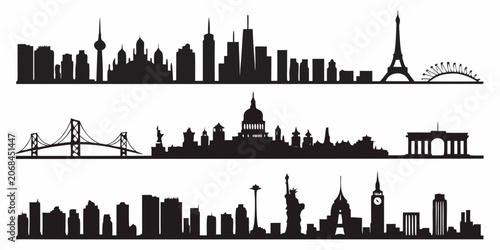 Set of international city skyline silhouettes including famous landmarks and world travel monuments with silhouette cityscape landmarks architecture monument panorama buildings metropolis