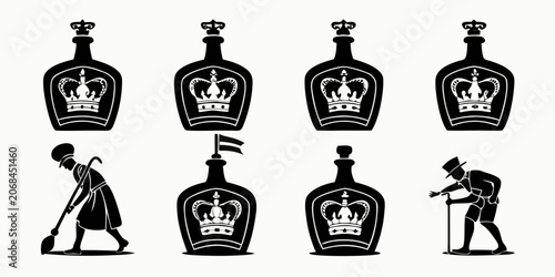 Vászonkép Collection of regal bottle silhouettes and character icons with silhouette chara