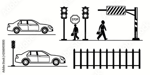 Fotografie Urban traffic and pedestrian management icon collection with cars traffic signal