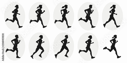 Tableau sur toile Collection of human silhouettes running in various poses inside oval frames with