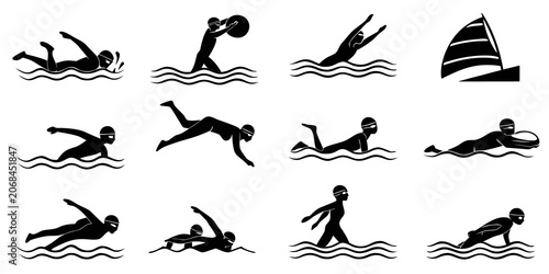 Canvastavla Set of black swimming and water sports icons featuring various swimming styles a