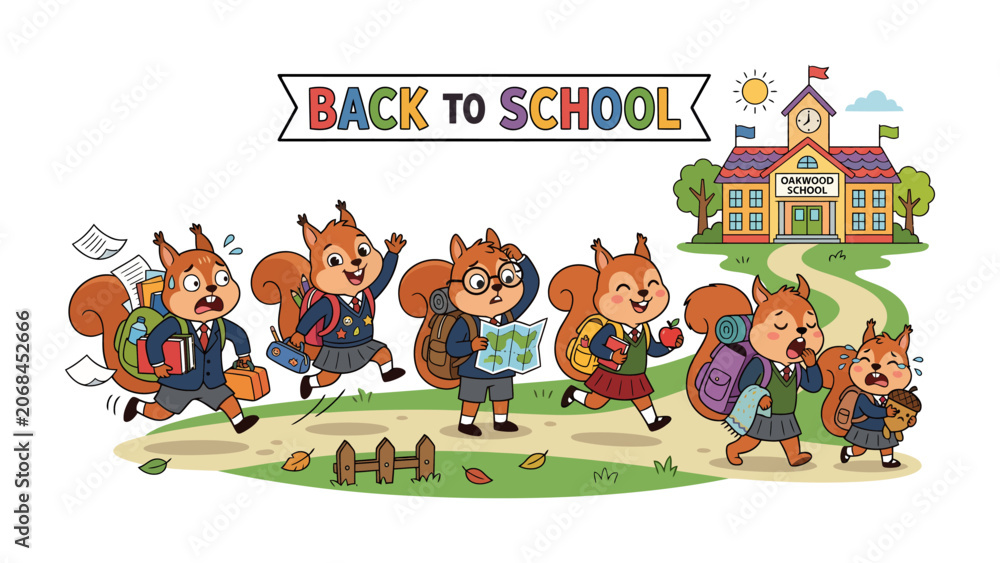 Fototapeta premium Back to School Squirrel Adventure: A lively group of anthropomorphic squirrels, dressed in school uniforms, embark on their educational journey, carrying books, maps.