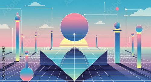 Surreal 80s retrofuturistic cityscape with geometric shapes and gradient sunset