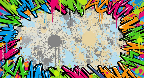 Urban Graffiti Frame with Paint Splatters and Drips Background