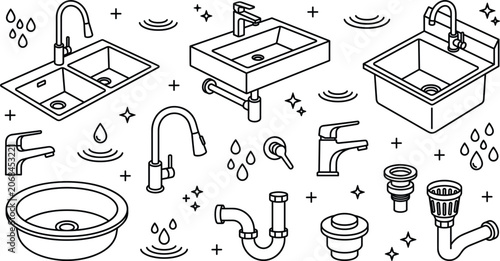 Foto Modern kitchen sink bathroom wash basin faucet tap plumbing pipe water drain vec