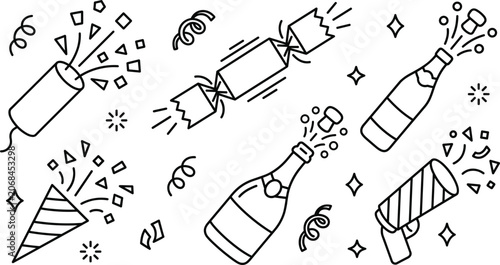 Obraz na płótnie New Year celebration party popper and popping champagne bottle vector outline il