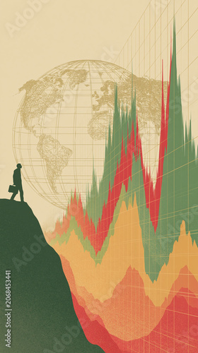 Financial Foresight: A solitary businessman stands on a cliff overlooking a volatile global market graph, with a stylized world map in the background.