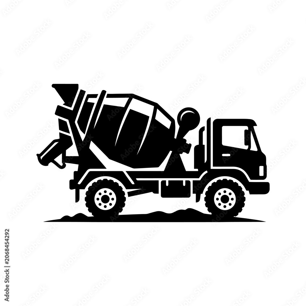 Fototapeta premium Black silhouette of a concrete mixer truck and construction vehicle representing heavy equipment and building machine for industrial transport.