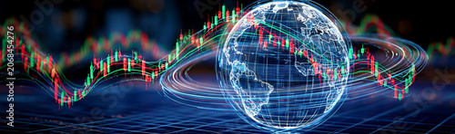 Global Financial Market: A digital representation of Earth orbits amidst a dynamic financial market graph, symbolizing worldwide economic trends and data flow.