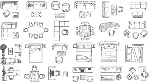 Hand drawn furniture icons for a floor plan in architectural sketch style showing a top view of various interior design elements