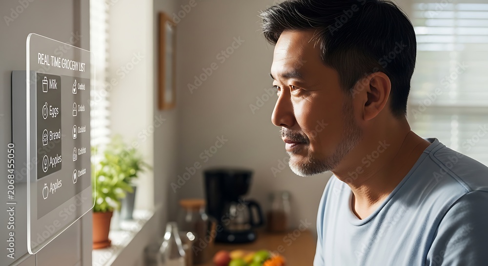 Fototapeta premium Businessman looks at a smart home display mounted on a kitchen wall, showcasing a modern and connected living space.