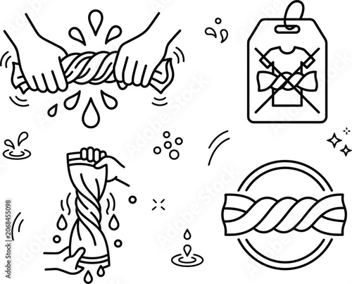 Laundry Care Instruction Icon Set with Do Not Wring Garment Outline Symbols,
