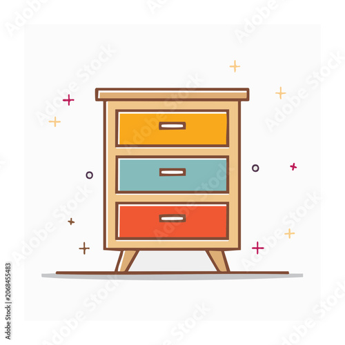 Colorful three drawer cabinet flat illustration