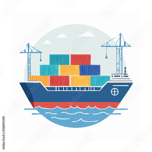 Flat design cargo ship with containers and cranes