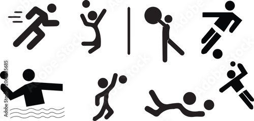 Fotografie Sports stick figure pictogram set showing running volleyball basketball soccer w