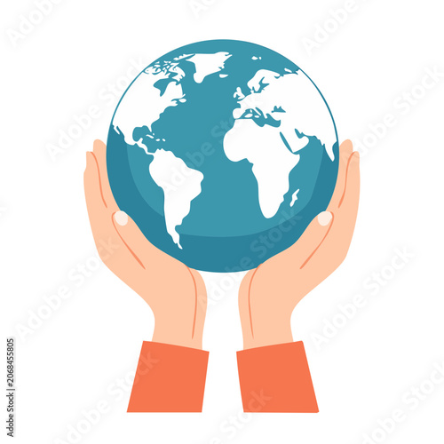 Hands holding the Earth in flat design style