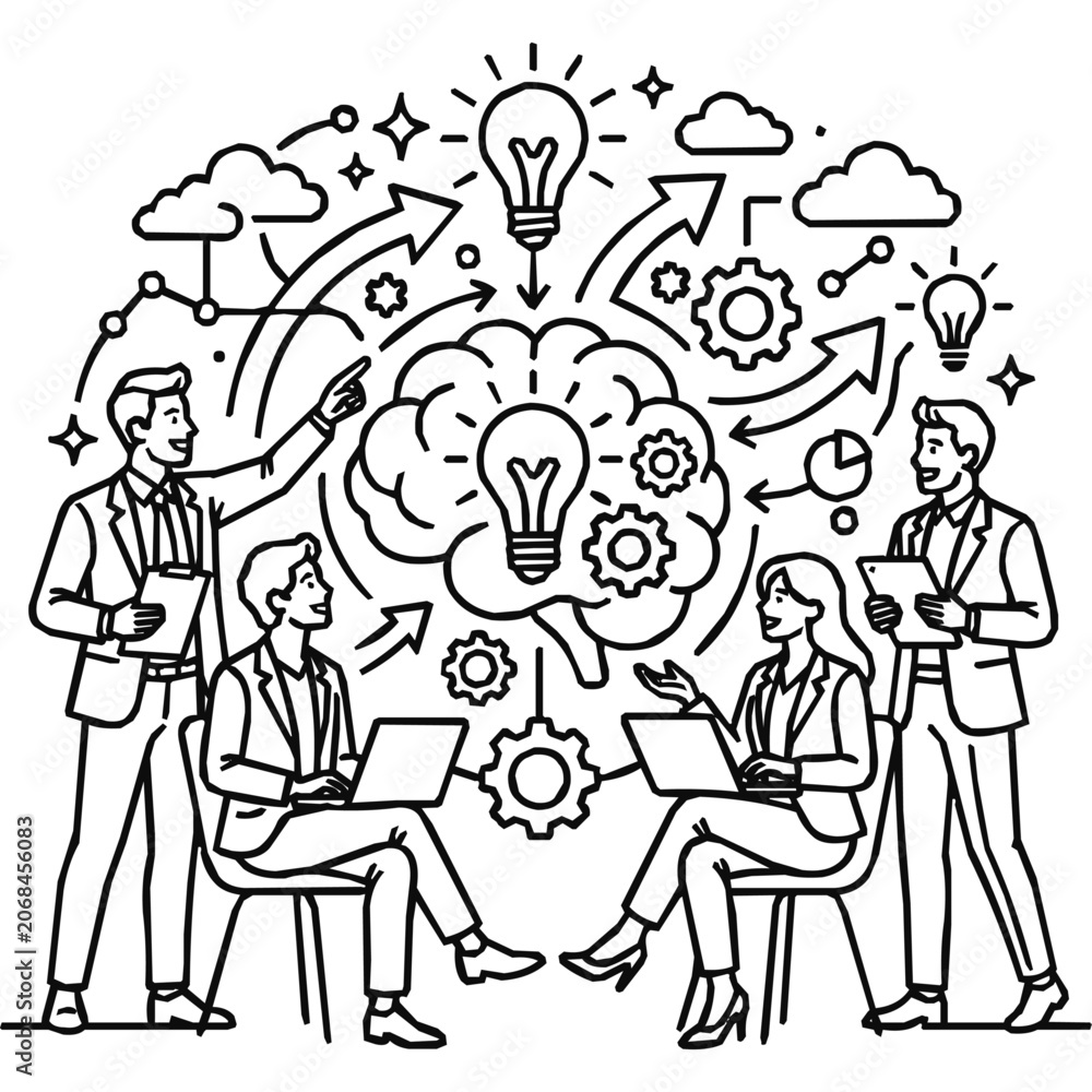 Obraz premium Group of business professionals engaged in brainstorming for innovation and creative thinking through teamwork for effective problem-solving and