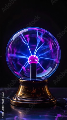 A glowing plasma orb emits electric tendrils over a brass pedestal