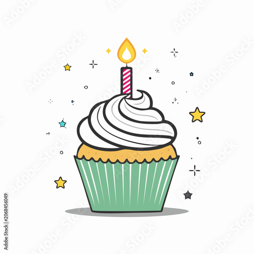 Birthday Cupcake with Candle and Stars