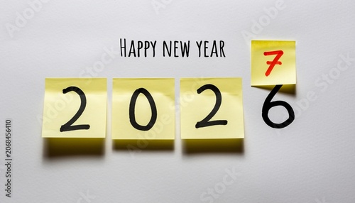 Happy New Year 2027 Concept with Sticky Notes Changing Year 2026 to 2027 on White Background.