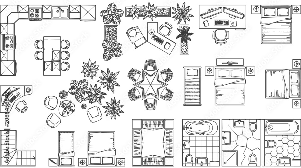 Obraz premium Comprehensive Set of Hand Drawn Furniture Symbols for Floor Plan Layouts and Interior Design Projects featuring Architectural Icons in Top View
