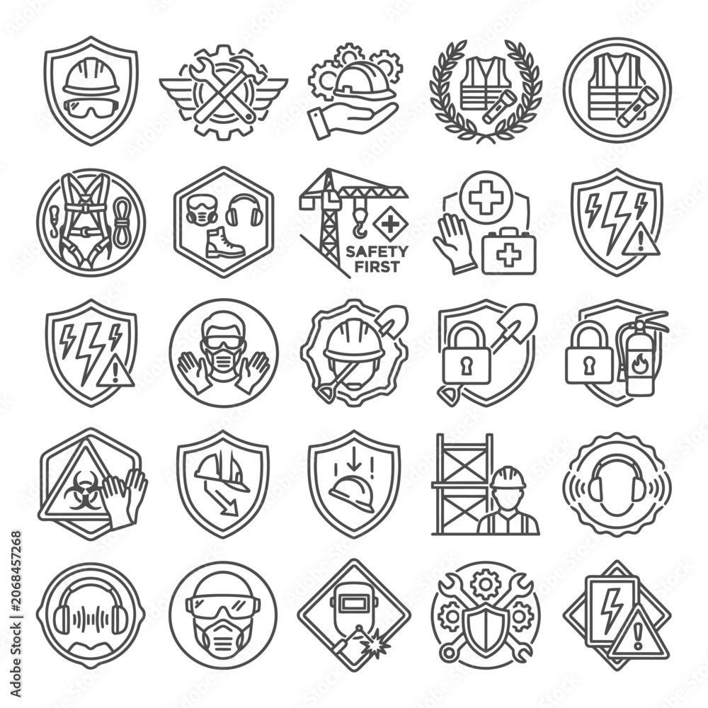 Fototapeta premium Comprehensive Industrial Safety and Protection Icons Set Featuring Essential Personal Protective Equipment Symbols for Construction and Engineering