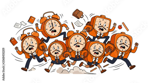 Εκτύπωση καμβά Time Crunch Chaos: A frantic collection of anthropomorphic alarm clocks and briefcases, embodying students and teachers, are in a state of disarray, running from an unseen force