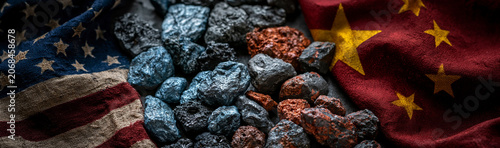 US China Trade War: Raw coal and iron ore piles juxtaposed between the American and Chinese flags, symbolizing the complex and often contentious economic relationship.