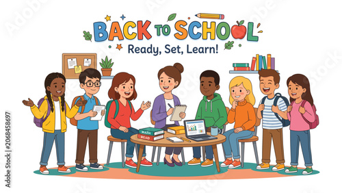 фотографія Back to School Excitement: A diverse group of smiling children and a teacher gather around a table, eager to embark on a new academic year filled with learning and discovery
