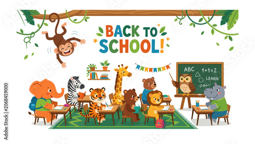 Photography Jungle School Days: A playful scene of anthropomorphic animal students, including an elephant, tiger, giraffe, and bear, attending a whimsical classroom lesson