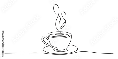 Photos Continuous single line drawing of a steaming hot cup of coffee on a saucer